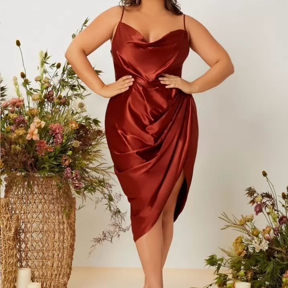 SHEIN Belle Plus Draped Collar Wrap Satin Dress size L 8/10 NWOT rust brown